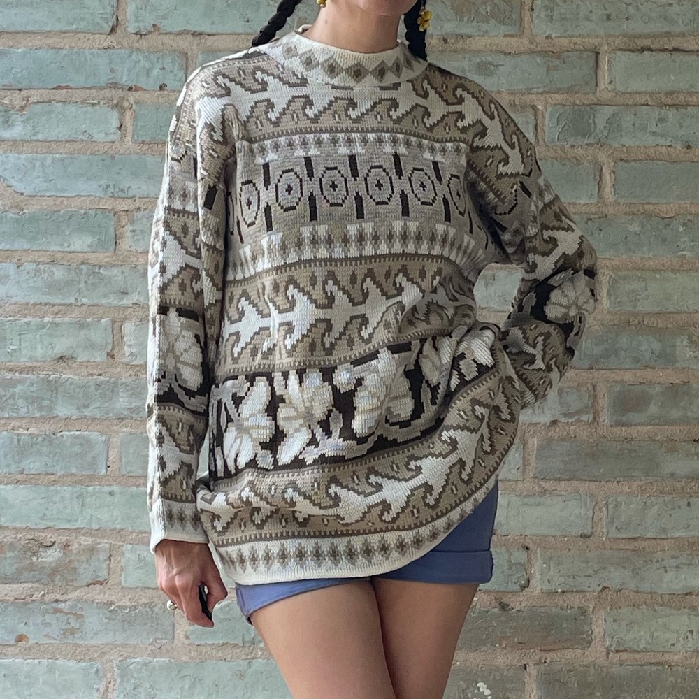 Vintage Sweater 80s 90s Neutral Knit Long Pullover Intarsia Tunic Dress